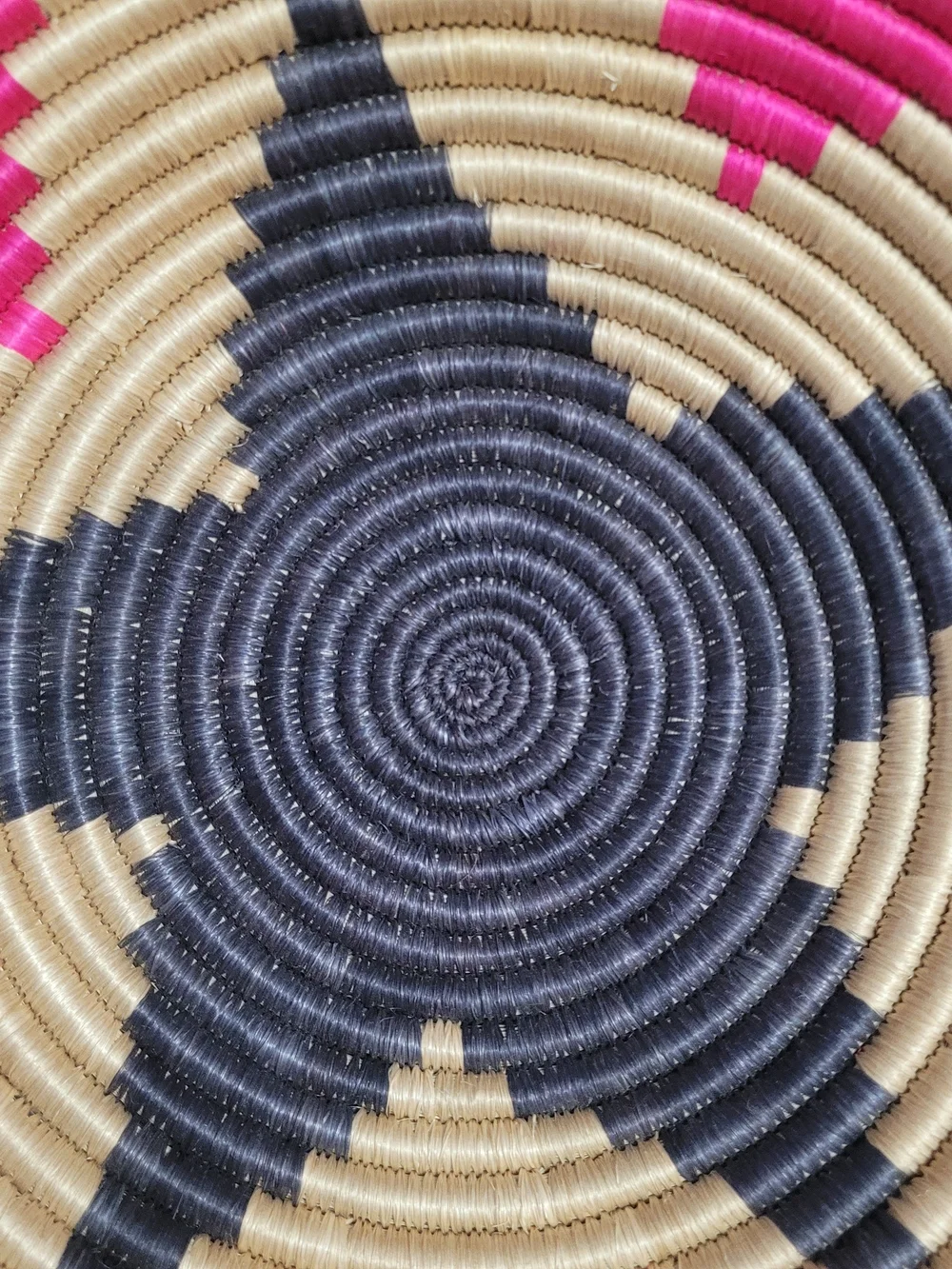 Handwoven Coiled Basket Plate - Black, Natural & Hot Pink Accents